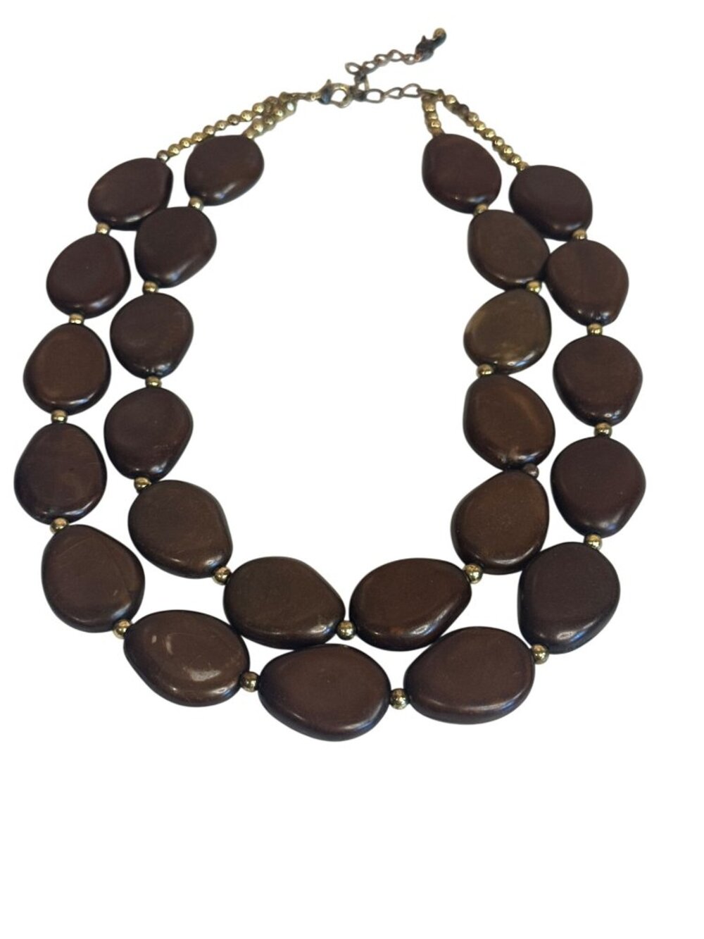 Brown Double-Strand Beaded Necklace Gold Tone Spacers Vintage Boho Minimalist